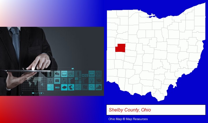 information technology concepts; Shelby County, Ohio highlighted in red on a map