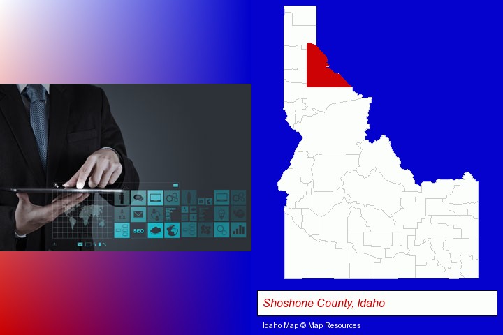 information technology concepts; Shoshone County, Idaho highlighted in red on a map
