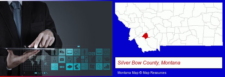 information technology concepts; Silver Bow County, Montana highlighted in red on a map