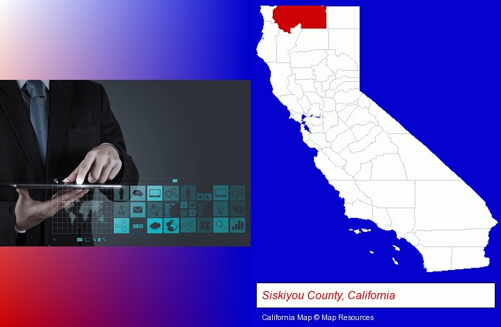 information technology concepts; Siskiyou County, California highlighted in red on a map
