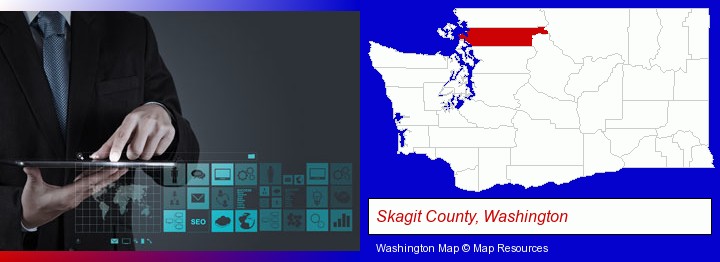 information technology concepts; Skagit County, Washington highlighted in red on a map