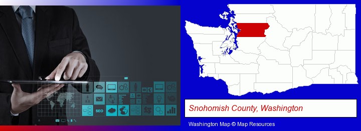 information technology concepts; Snohomish County, Washington highlighted in red on a map