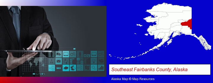 information technology concepts; Southeast Fairbanks County, Alaska highlighted in red on a map