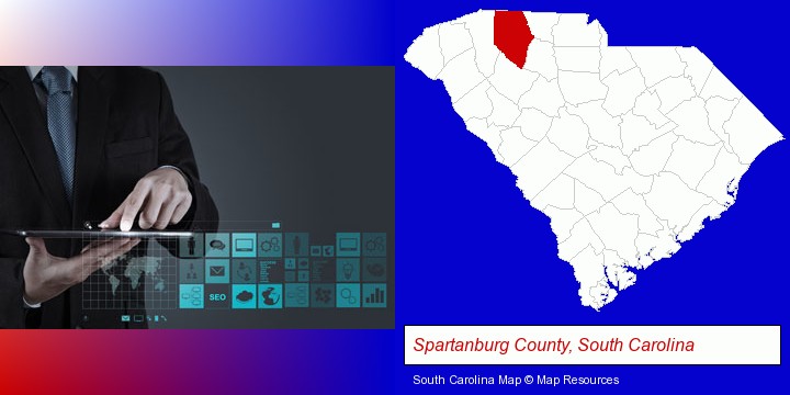 information technology concepts; Spartanburg County, South Carolina highlighted in red on a map