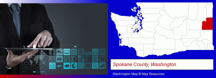 information technology concepts; Spokane County, Washington highlighted in red on a map