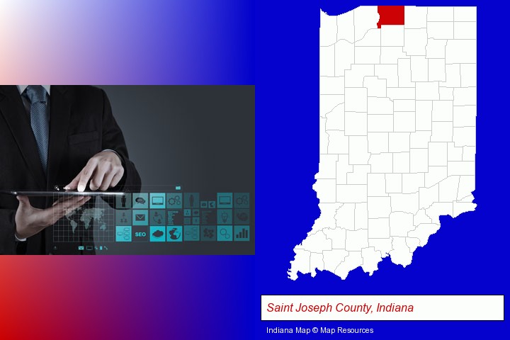 information technology concepts; Saint Joseph County, Indiana highlighted in red on a map