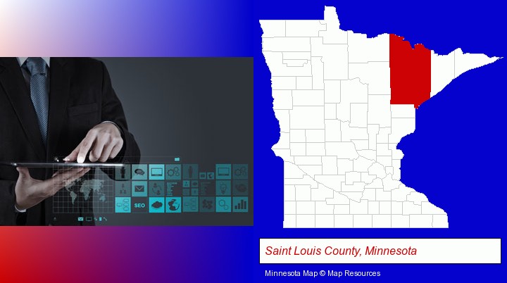 information technology concepts; Saint Louis County, Minnesota highlighted in red on a map