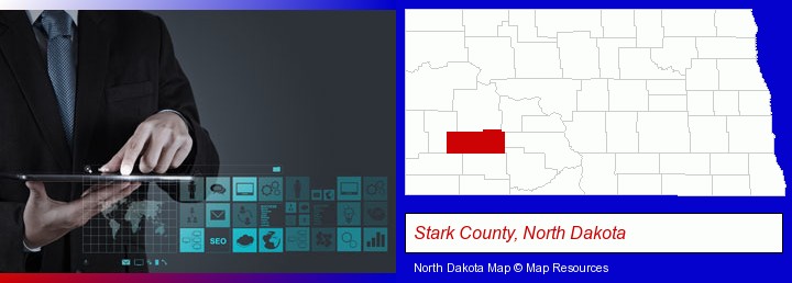 information technology concepts; Stark County, North Dakota highlighted in red on a map