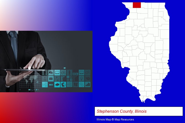 information technology concepts; Stephenson County, Illinois highlighted in red on a map