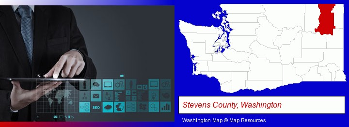 information technology concepts; Stevens County, Washington highlighted in red on a map