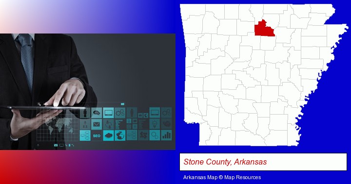 information technology concepts; Stone County, Arkansas highlighted in red on a map