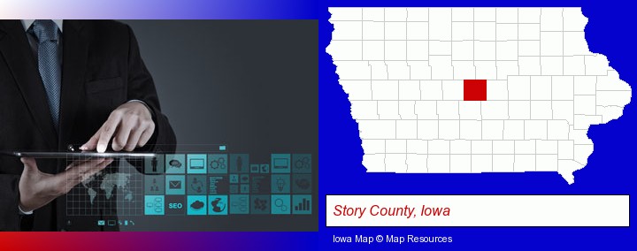 information technology concepts; Story County, Iowa highlighted in red on a map