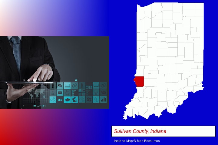 information technology concepts; Sullivan County, Indiana highlighted in red on a map