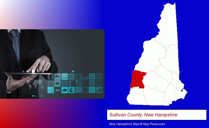 information technology concepts; Sullivan County, New Hampshire highlighted in red on a map