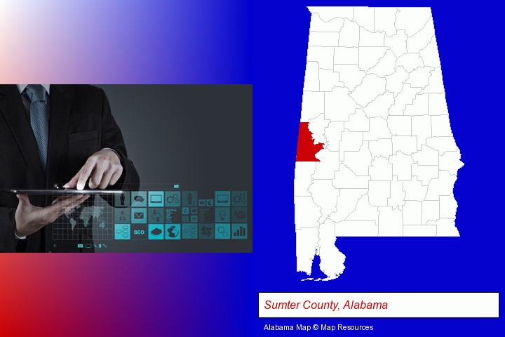 information technology concepts; Sumter County, Alabama highlighted in red on a map