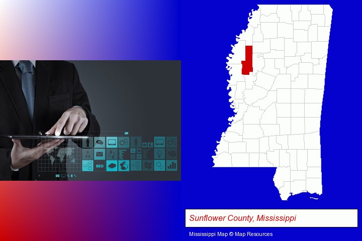 information technology concepts; Sunflower County, Mississippi highlighted in red on a map