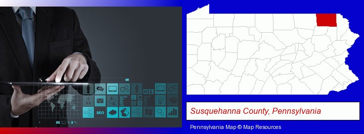 information technology concepts; Susquehanna County, Pennsylvania highlighted in red on a map