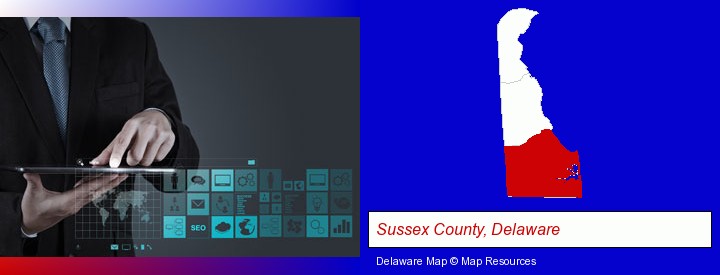 information technology concepts; Sussex County, Delaware highlighted in red on a map