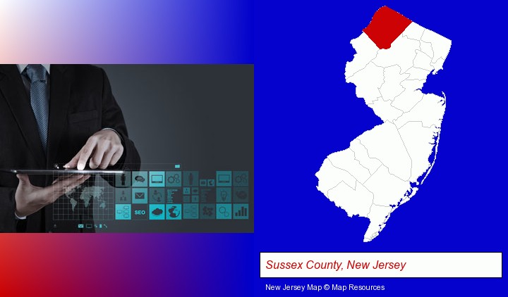 information technology concepts; Sussex County, New Jersey highlighted in red on a map