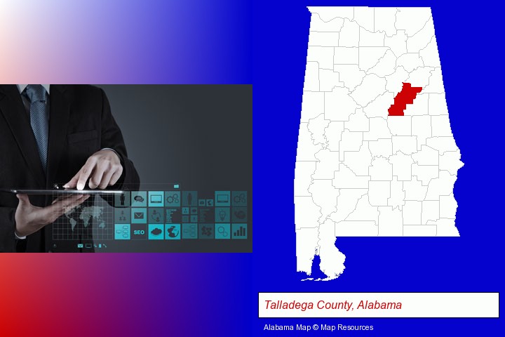 information technology concepts; Talladega County, Alabama highlighted in red on a map