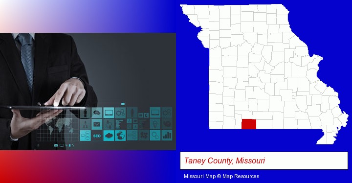 information technology concepts; Taney County, Missouri highlighted in red on a map