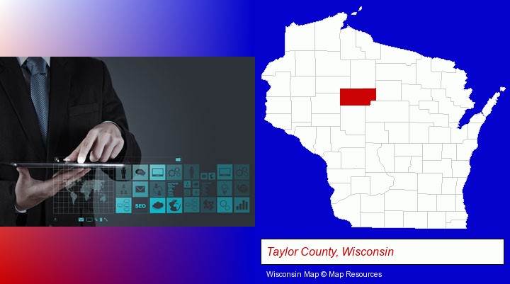 information technology concepts; Taylor County, Wisconsin highlighted in red on a map