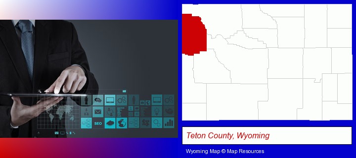 information technology concepts; Teton County, Wyoming highlighted in red on a map