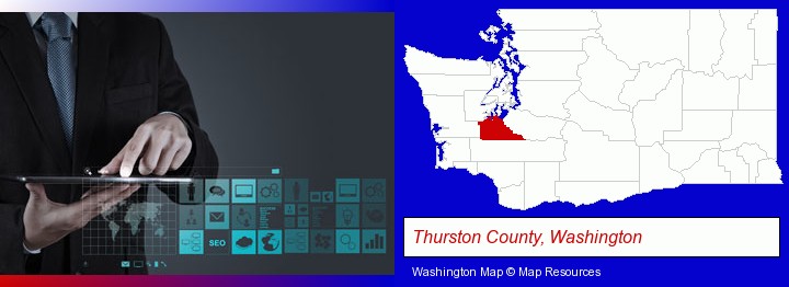 information technology concepts; Thurston County, Washington highlighted in red on a map