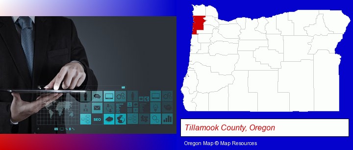 information technology concepts; Tillamook County, Oregon highlighted in red on a map