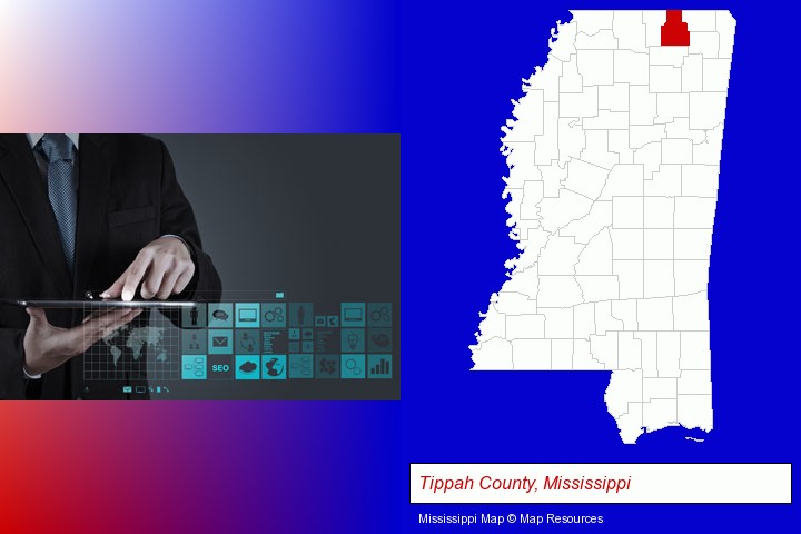 information technology concepts; Tippah County, Mississippi highlighted in red on a map