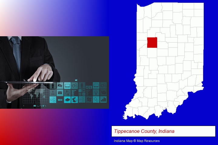 information technology concepts; Tippecanoe County, Indiana highlighted in red on a map