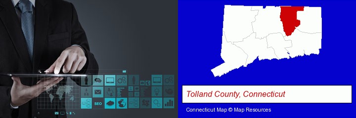 information technology concepts; Tolland County, Connecticut highlighted in red on a map