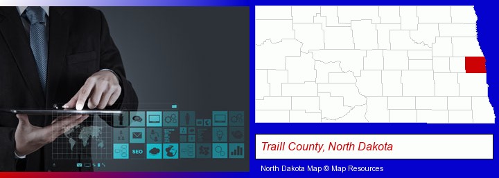 information technology concepts; Traill County, North Dakota highlighted in red on a map
