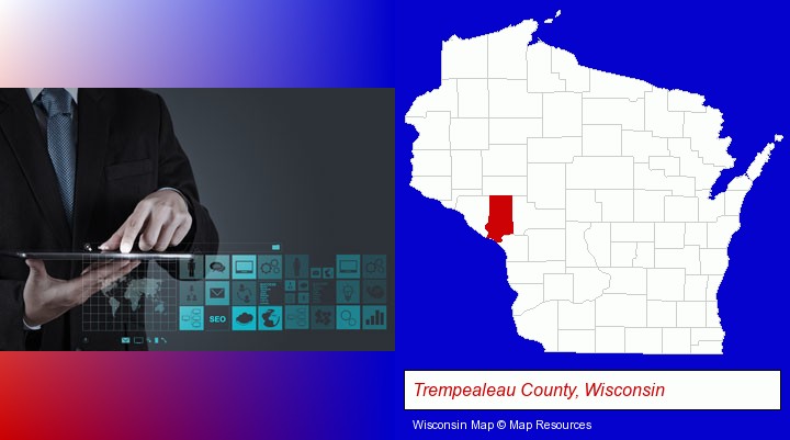 information technology concepts; Trempealeau County, Wisconsin highlighted in red on a map