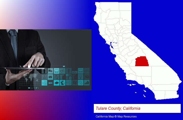 information technology concepts; Tulare County, California highlighted in red on a map