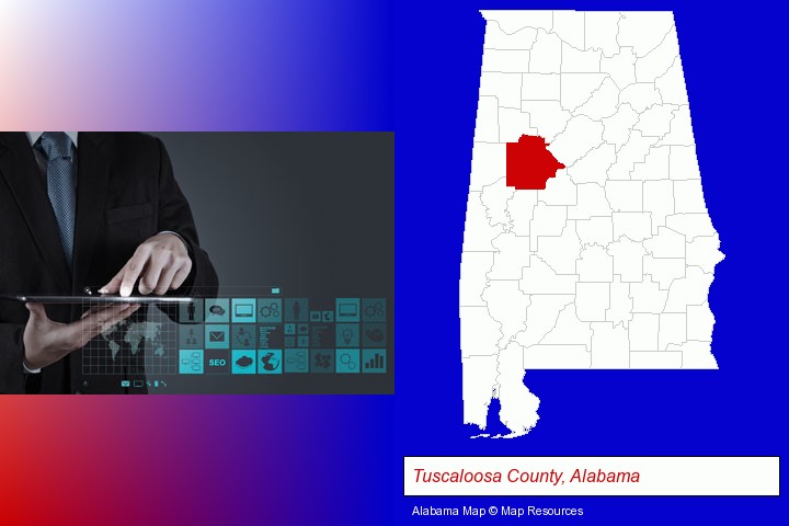information technology concepts; Tuscaloosa County, Alabama highlighted in red on a map
