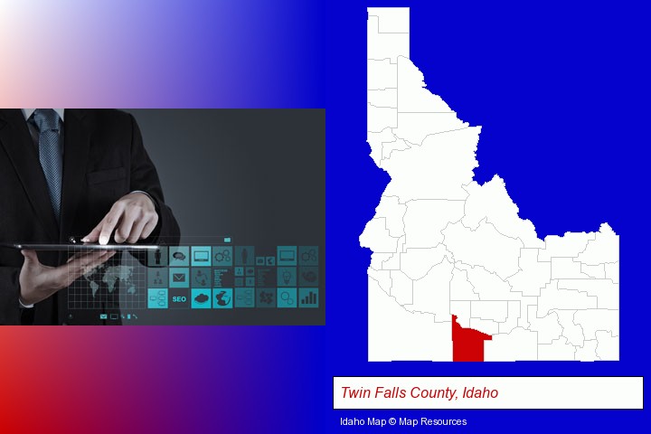 information technology concepts; Twin Falls County, Idaho highlighted in red on a map