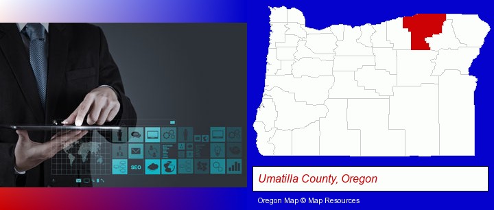 information technology concepts; Umatilla County, Oregon highlighted in red on a map