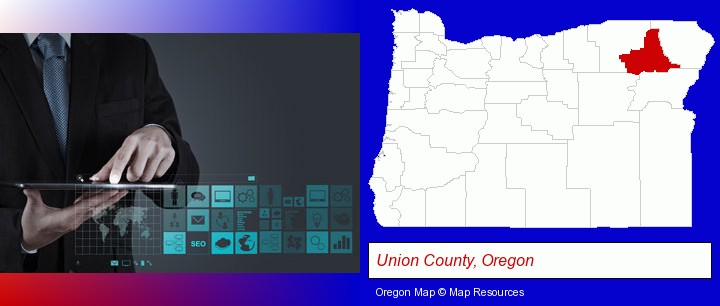 information technology concepts; Union County, Oregon highlighted in red on a map