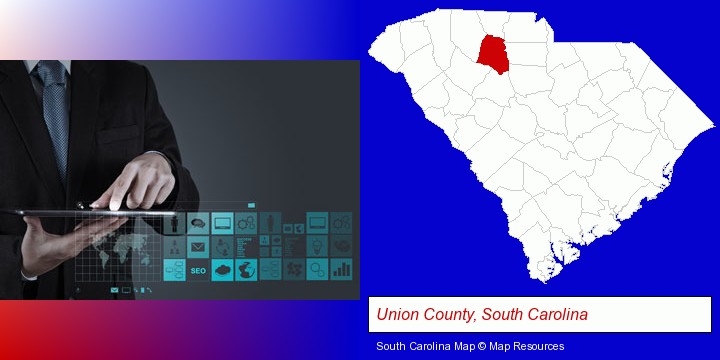 information technology concepts; Union County, South Carolina highlighted in red on a map