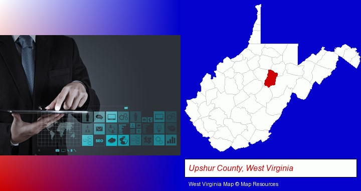 information technology concepts; Upshur County, West Virginia highlighted in red on a map