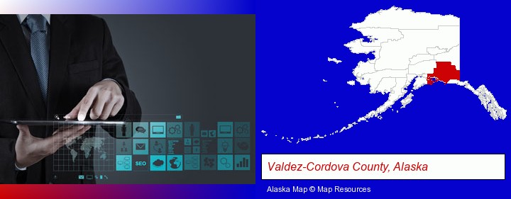 information technology concepts; Valdez-Cordova County, Alaska highlighted in red on a map