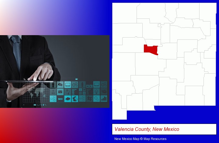 information technology concepts; Valencia County, New Mexico highlighted in red on a map