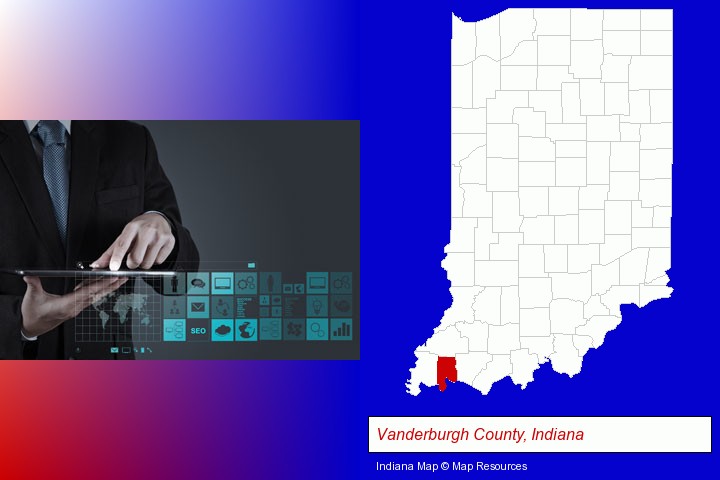 information technology concepts; Vanderburgh County, Indiana highlighted in red on a map