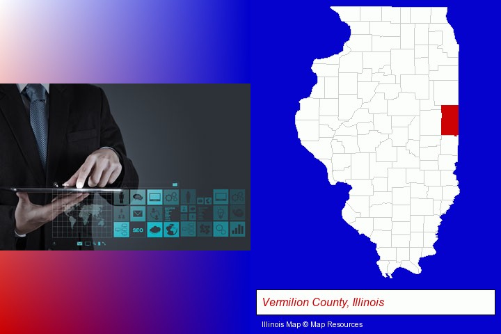 information technology concepts; Vermilion County, Illinois highlighted in red on a map