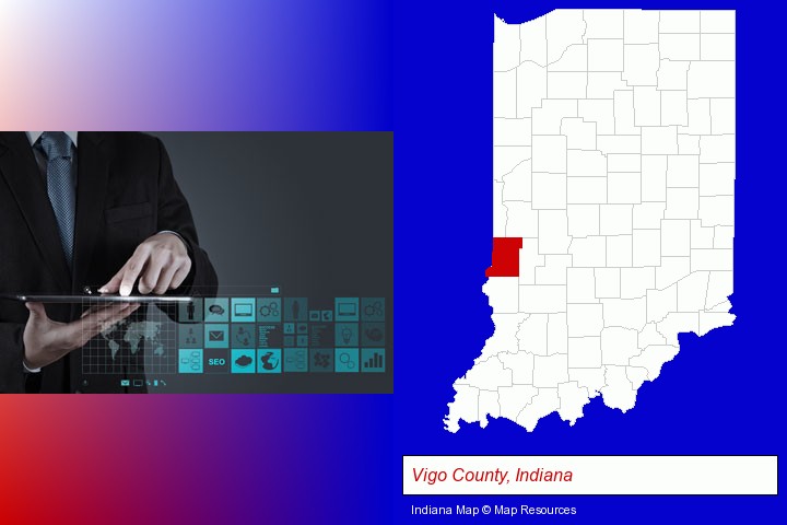 information technology concepts; Vigo County, Indiana highlighted in red on a map