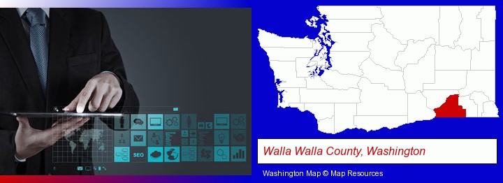 information technology concepts; Walla Walla County, Washington highlighted in red on a map