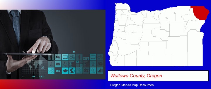 information technology concepts; Wallowa County, Oregon highlighted in red on a map