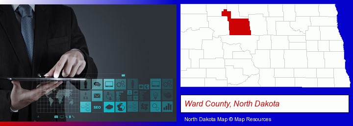 information technology concepts; Ward County, North Dakota highlighted in red on a map