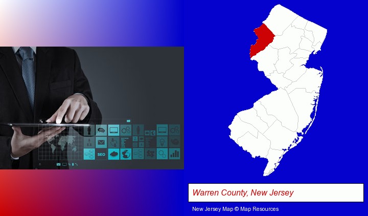 information technology concepts; Warren County, New Jersey highlighted in red on a map